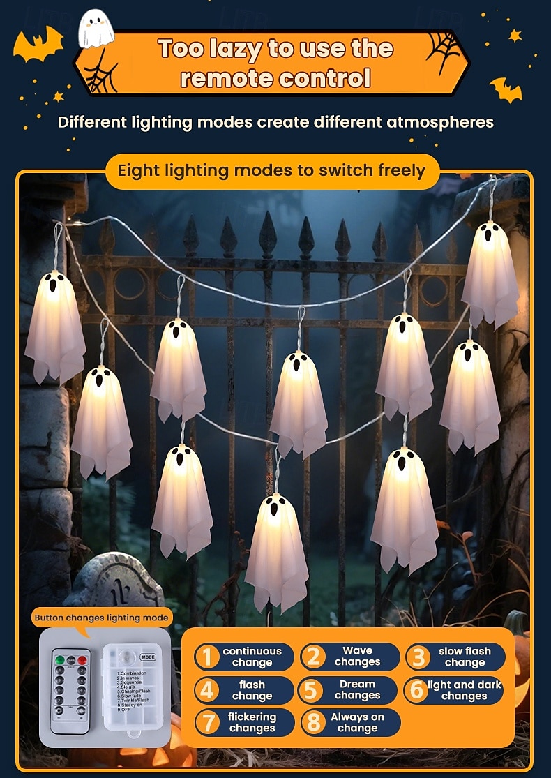 1 Pc Halloween 2.5M 10 luminous hanging ghost ghost light string AAA waterproof battery box 8 function remote control indoor and outdoor courtyard party Halloween atmosphere decoration light 2025 - $20.99 –P11