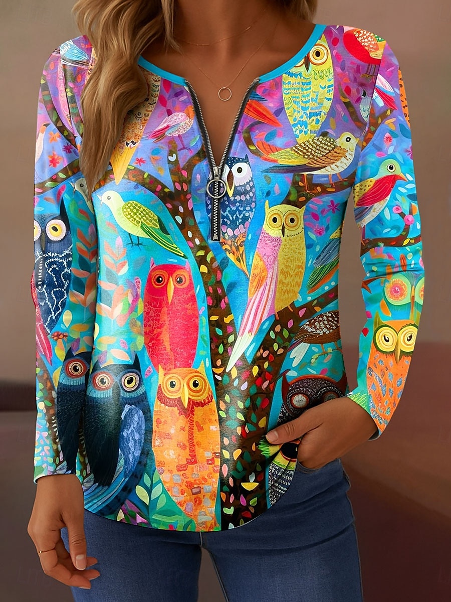 Femmes T-shirt Graphique Chouette Élégant ancien Classique manche longue Col en V Hauts Réguliers Quotidien Week-end Fermeture éclair Imprimé Rose Claire Bleu Orange Vert Printemps Automne de 2025 ? $23.99 –P1