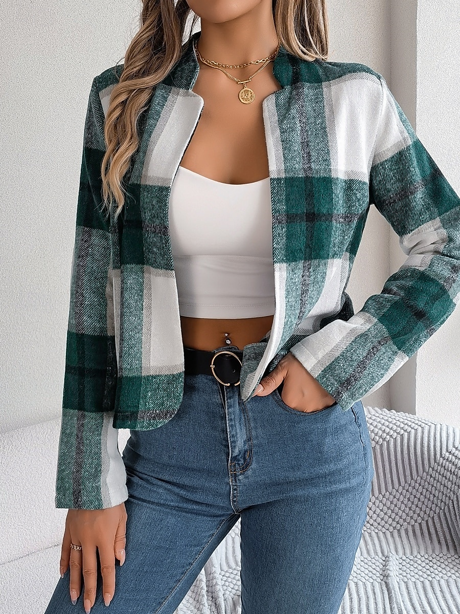 Γυναικεία Casual Jacket Άνετο Αναπνέει Στάμπα Καθημερινό Καρό Διακοπές Δρόμος Καθημερινά Ρούχα Εξόδου Ανοικτό Μπροστά Κοντό Όρθιος Γιακάς Κανονικό Μακρυμάνικο Εξωτερικά ενδύματα 2025 - $32.99 –P4