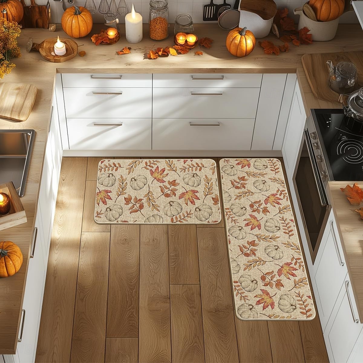 Höstens pumpa linnemattor set - absorberande, oljebeständigt kök &Dörrmattor för entrén, set med 2 delar 2025 - $45.99 –P14