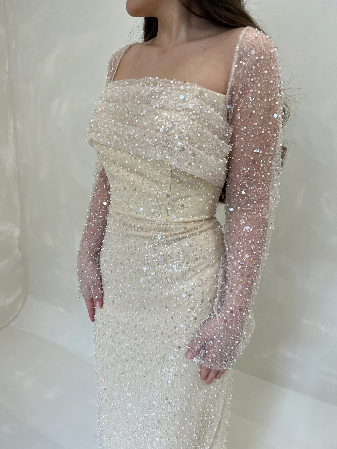 Večerní šaty s flitrovaným sloupcem, elegantní karnevalové formální šaty na zem s dlouhým rukávem, svatební, čtvercový výstřih s třpytkami 2025 2025 - $145.99 –P1
