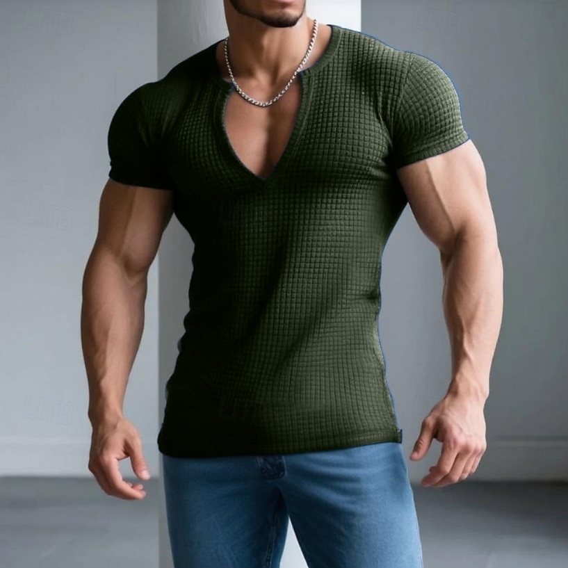 Hombre Camiseta con diseño de gofre Camiseta superior Manga Corta Escote en Pico Frente Abierto Verano Todas las Temporadas Color sólido Con Texturas Moda Design Casual Escote en V Exterior Casual 2025 - $17.99 –P5