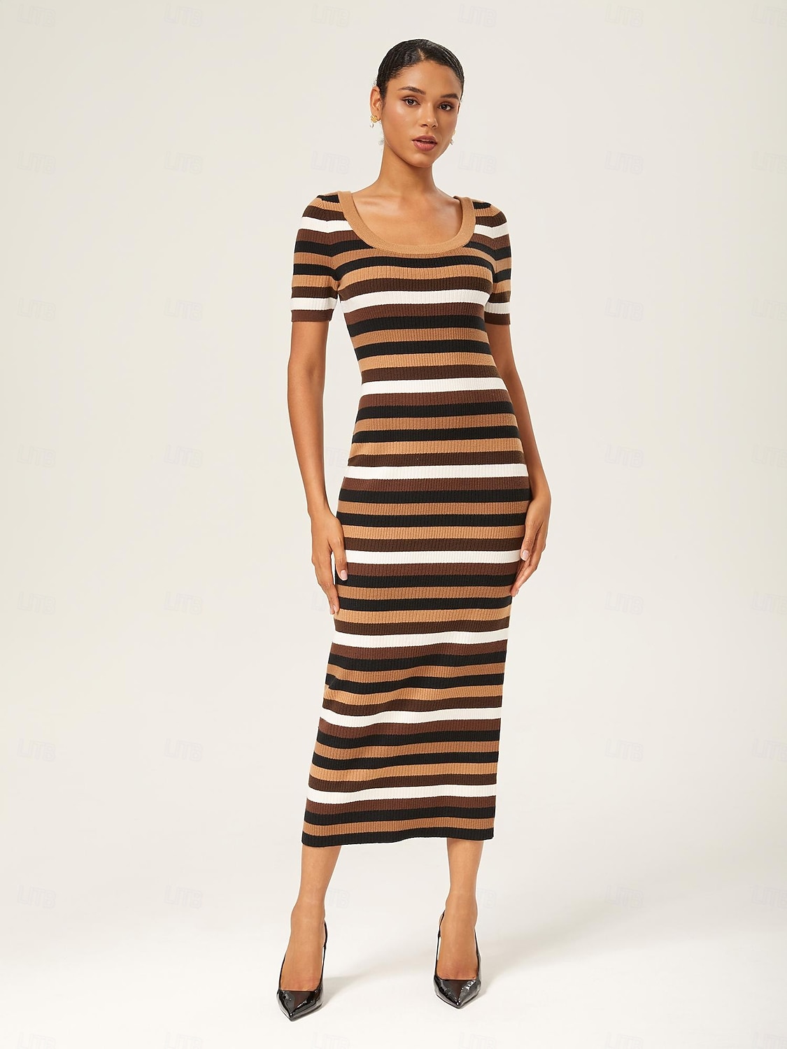 Nő Kötött ruha Barna Rövid ujjú Csíkos Nyár Ősz Elegáns Bodycon S M L 2025 - $86.99 –P1