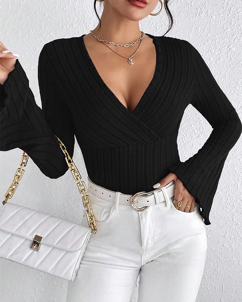 Per donna Maglietta Semplice Moda Moderno Manica Lunga Scollo a V Top Regolari Quotidiano Tunica Nero Vino Estate del 2025 a $18.99 –P7