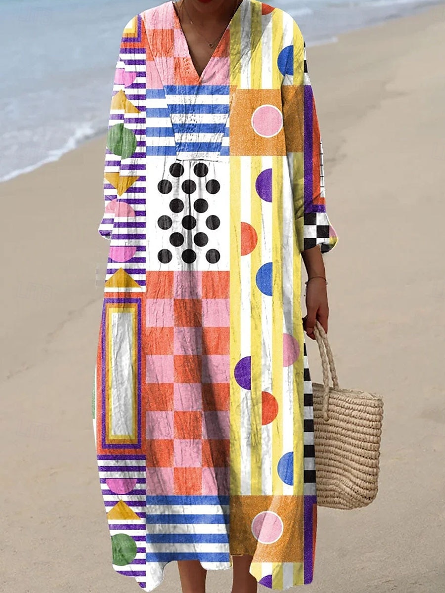 Per donna Abito Midi Vestito Estivo Abito a trapezio Vacanza Casual Boho Feste Spiaggia Vestibilità comoda Grafico Geometrico Plaid Manica Lunga Scollo a V Giallo Rosa Arancione Verde Estate del 2025 a $35.99 –P1