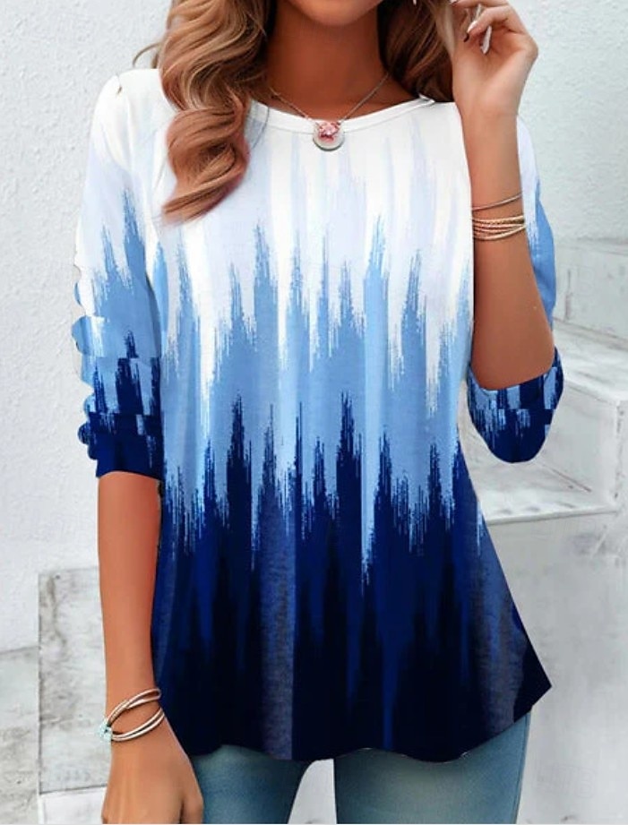 Damen T-Shirt Langarm Rundhals Langarm Tunika Grafik Geometrisch Gestreift Vintage Stilvoll Rundhals Reguläre Oberteile Täglicher Druck Schwarz Weiß Pink Blau Braun Herbst Vorherbst 2026 - $24.99 –P3