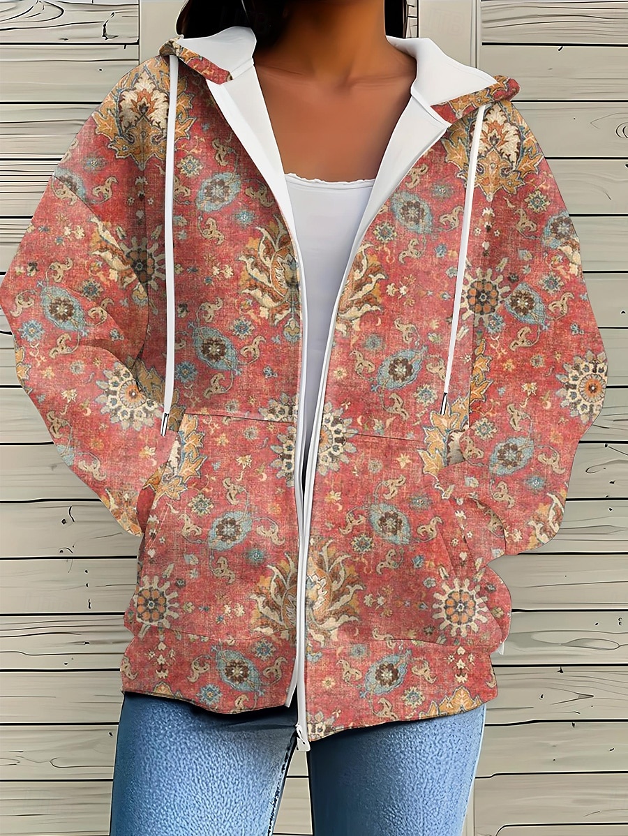 Giacca felpa con cappuccio da donna a maniche lunghe con zip e tasca leggera casual over size a righe geometriche attiva vintage sportiva con cordoncino nera rosa rossa blu arancione primavera autunno del 2026 a $36.99 –P5