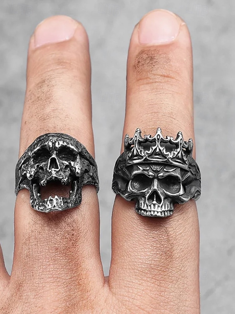 Herrenring aus Edelstahl mit Totenkopf und Krone – Gothic-Punk-Stil, robustes Heavy-Metal-Design, ideal für Halloween-Partys, Cosplay und Rockkonzerte 2025 - $11.99 –P1