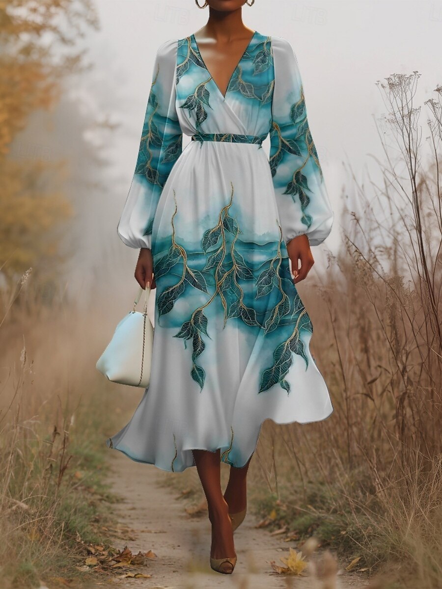 Women's Midi Dress Casual Dress Chiffon Swing Dress Modern Vacation Daily Weekend Regular Fit Tree Long Sleeve V Neck Blue Summer Spring Fall Autumn 2025 - $31.99 –P2