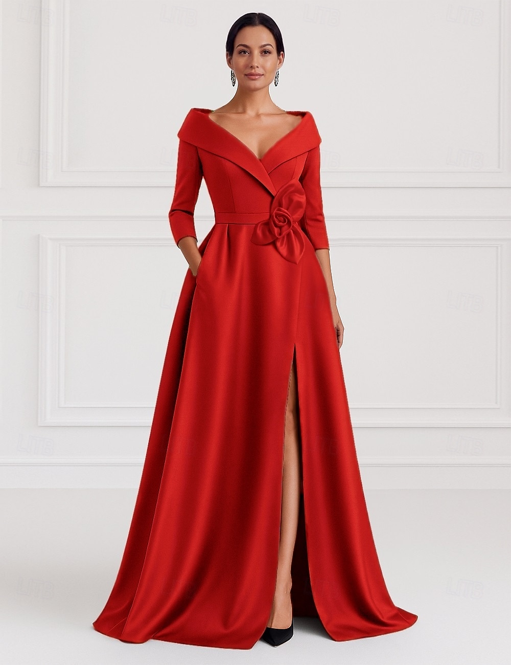 Abito da sera A-Line nero e oro abito elegante invitato al matrimonio lunghezza campagna maniche 3/4 colletto camicia tasca satin elasticizzato con fiore sulla spalla del 2025 a $139.99 –P7
