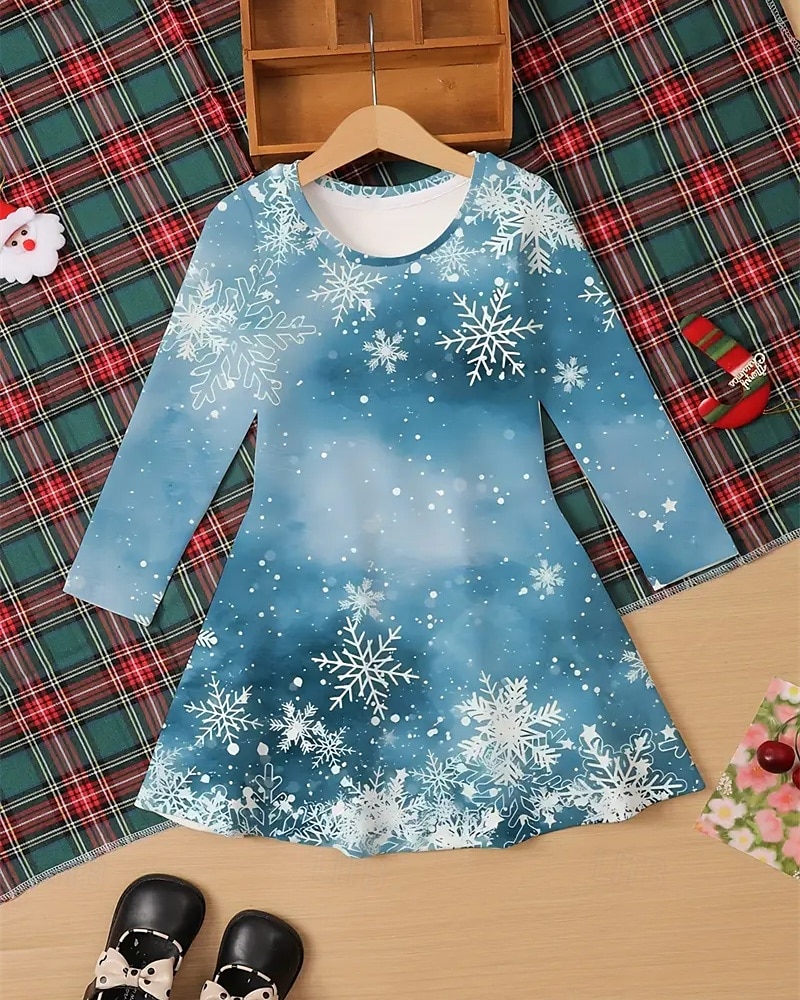 joulu Tyttöjen 3D Hirvi Lumihiutale Mekko Pitkähihainen Kesä Kevät Loma Päivittäin Pyhäpäivä Prinsessa Kaunis Makea Lapset 4-12 vuotta Rento mekko A linjainen mekko Polvipituinen Normaali 2025 - $16.99 –P3