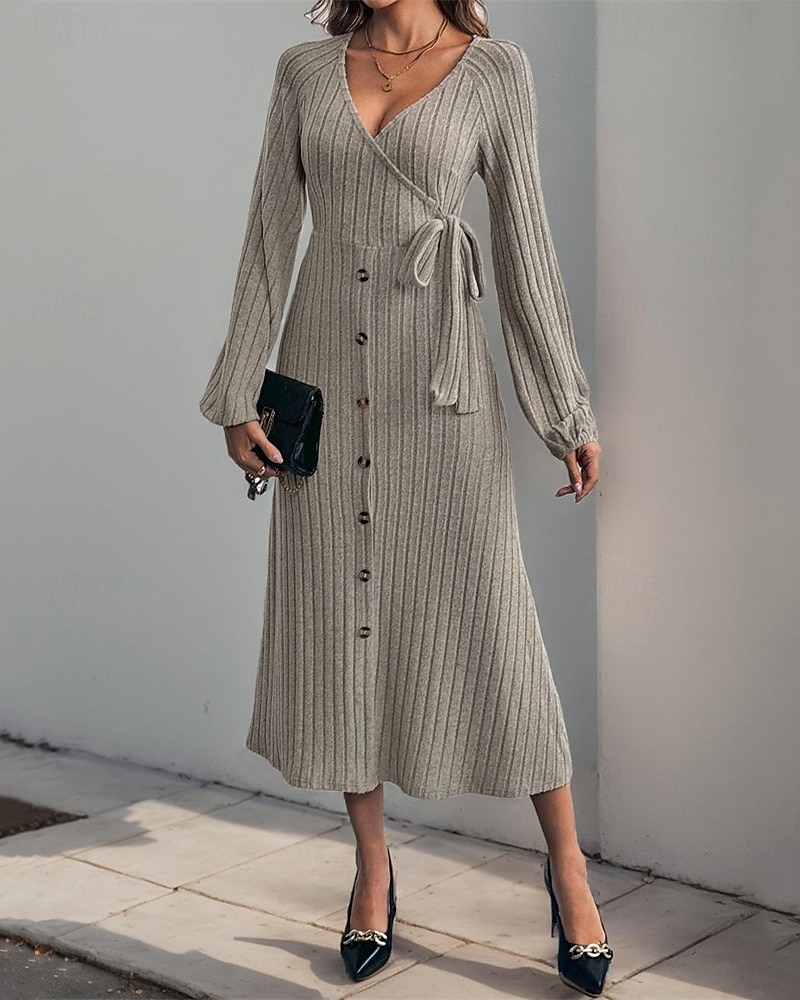 Femmes Robe Midi Robe Tricot Robe Décontractée Mode Moderne Quotidien Date Week-end Coupe régulière Uni manche longue Col en V Kaki Automne Hiver de 2025 ? $29.99 –P5