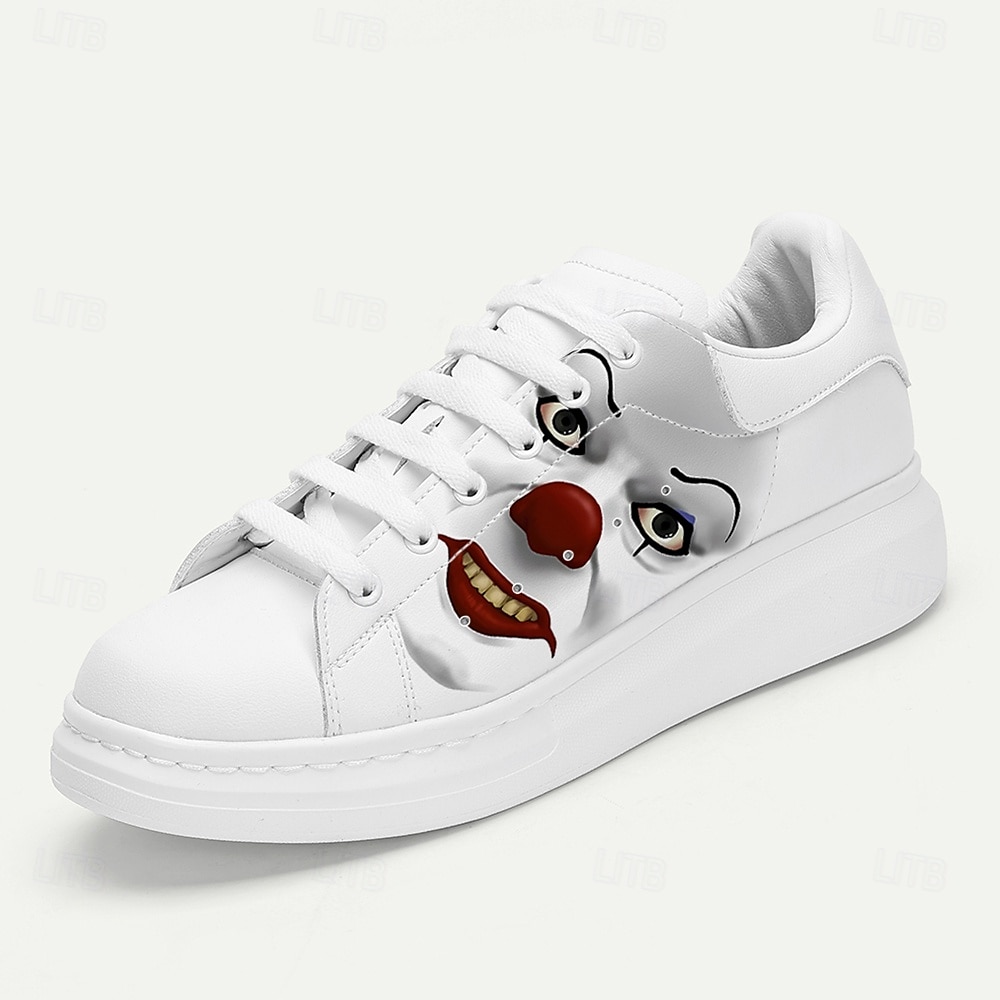Vita herrsneakers med tryck av onda clownansikten – läskiga halloweenskor för skräckfans och festdeltagare 2025 - $54.99 –P2