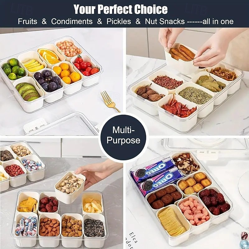Matoppbevaringsbrett med lokk og håndtak, snacksboks med flere rom for godteri, frukt, nøtter, bærbar rektangulær design, matkvalitetsmateriale, perfekt for fester, bryllup og bruk hele året 2025 - $6.99 –P5