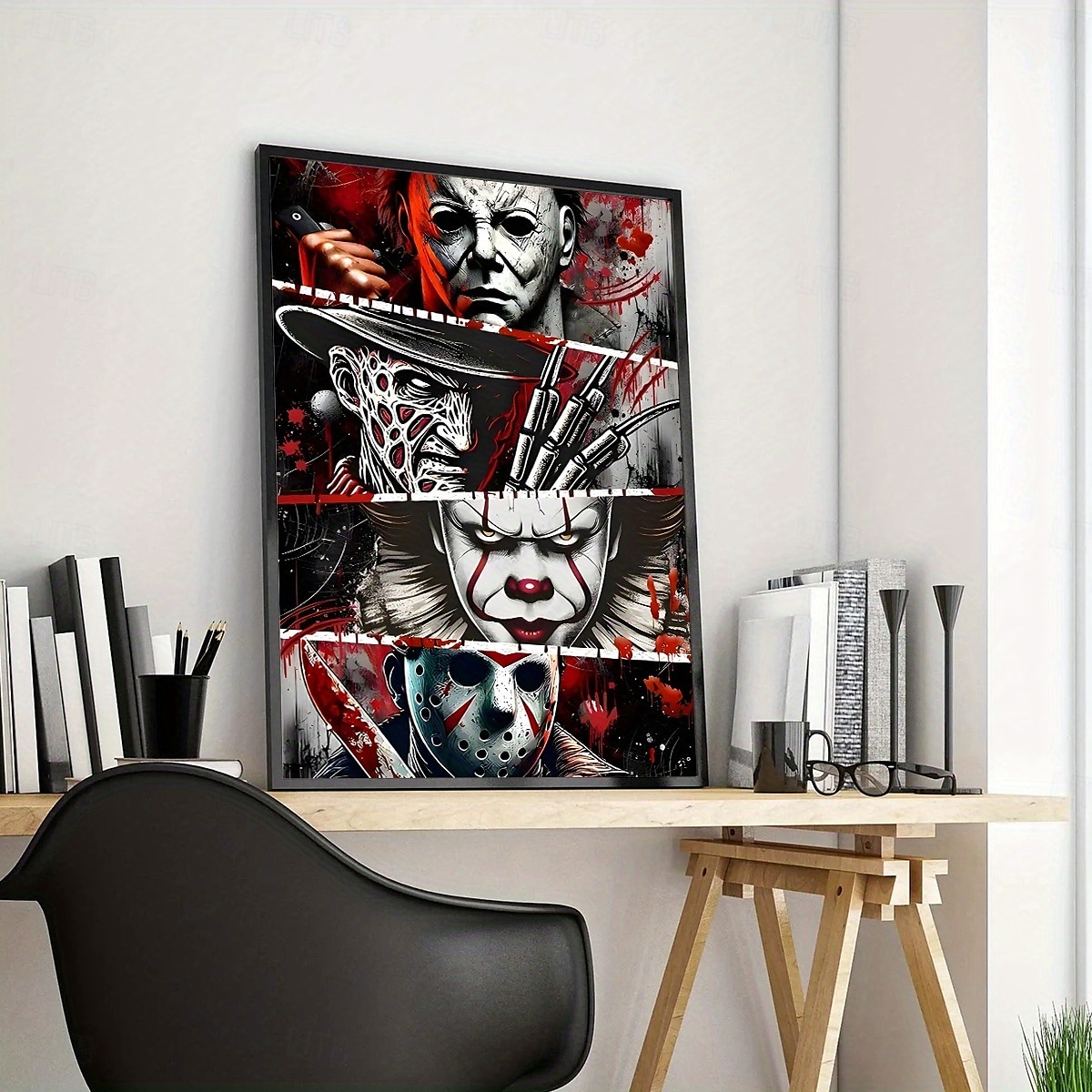Póster de lienzo con diseño de personaje de terror de 1 pieza, sin marco, listo para colgar, tela resistente al agua, estilo clásico con detalles brillantes para baño, dormitorio, oficina, sala de 2025 - $13.99 –P6