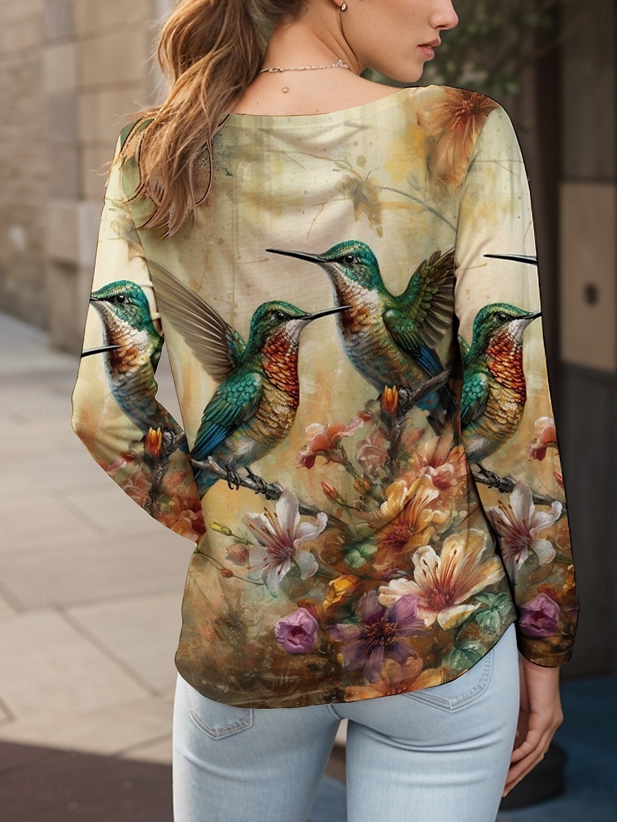 Femmes T-shirt Fleuri Graphique Oiseau ancien Élégant Classique manche longue Col ras du cou Col rond Hauts Réguliers Quotidien Week-end Imprimé Rose Claire Rouge Vert Printemps Automne de 2025 ? $22.99 –P2