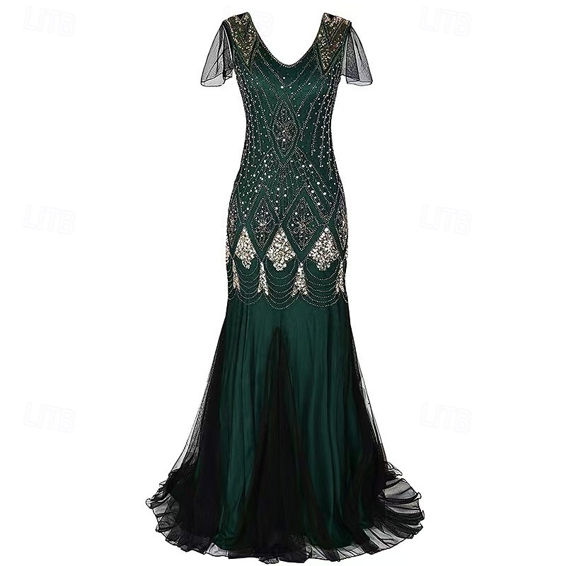 Goldene Zwanziger 1920er Bodenlang Kleid Abendkleid Weihnachtsfeier Kleid Kurze Ärmel Der große Gatsby Hochzeitsgast Pailletten V Ausschnitt Kostüm Damen Karneval Maskerade Abschlussball 2026 - $53.99 –P10