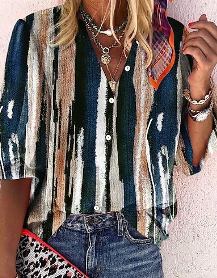 Dame Bluse Grafisk Geometrisk Fargeblokk Elegant Daglig Stilfull 3/4 ermer Halvlange ermer V-hals Høyhalset Vanlige topper Knapper Trykt mønster Marineblå Blå Fuksia Oransje Sommer Vår 2025 - $34.99 –P2