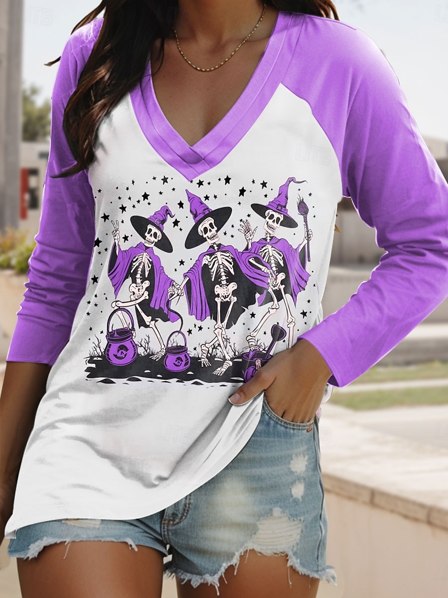 Halloween Femmes T-shirt Graphique Crâne ancien Élégant Classique manche longue Col en V Hauts Réguliers Quotidien Imprimé Rose Claire Bleu Violet Orange Vert Printemps Automne de 2025 ? $22.99 –P2