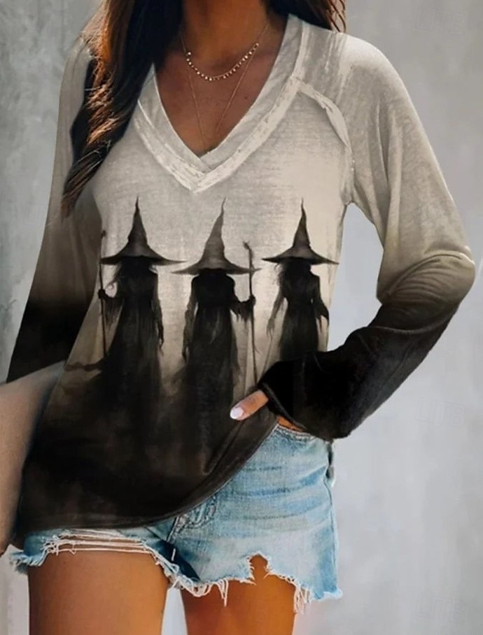 Halloween Femmes T-shirt Graphique Halloween Sorcière Élégant ancien Classique manche longue Col en V Hauts Réguliers Quotidien Sortir Week-end Imprimé Noir et gris Vert cendré Blanche Bleu Orange de 2025 ? $22.99 –P3