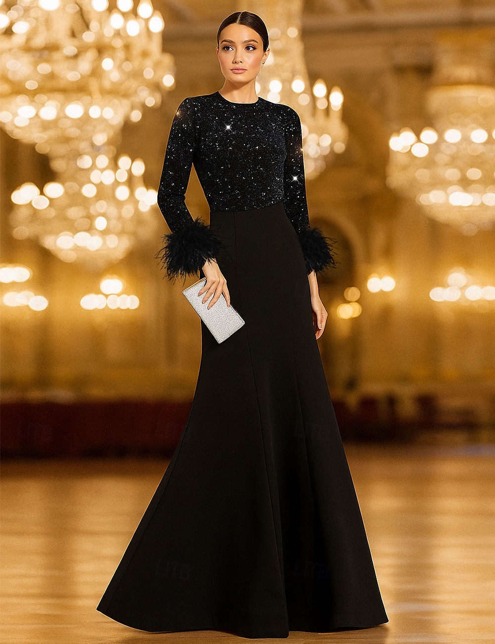 Red Black Tie Sequin Mermaid Evening Gown Elegant Dress Formal Wedding Floor Length Long Sleeve Crew Neck Stretch Crepe with Feather 2025 - $142.99 –P1