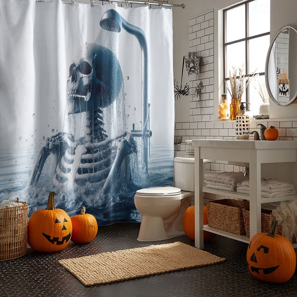 Halloweenský sprchový závěs s háčky, polyesterový, pratelný, voděodolný, vzorovaný, koupelnová vana, dekorace 2025 - $21.99 –P10