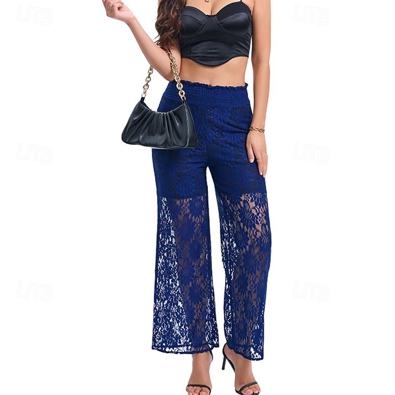 Femmes Jambe large Slacks Streetwear Occasionnel Longueur complète Naturel Uni Dentelle Patchwork Taille Élastique Confortable Fête Sortir Vert translucide Noir Blanche Bleu de minuit Automne Coupe de 2025 ? $16.99 –P9