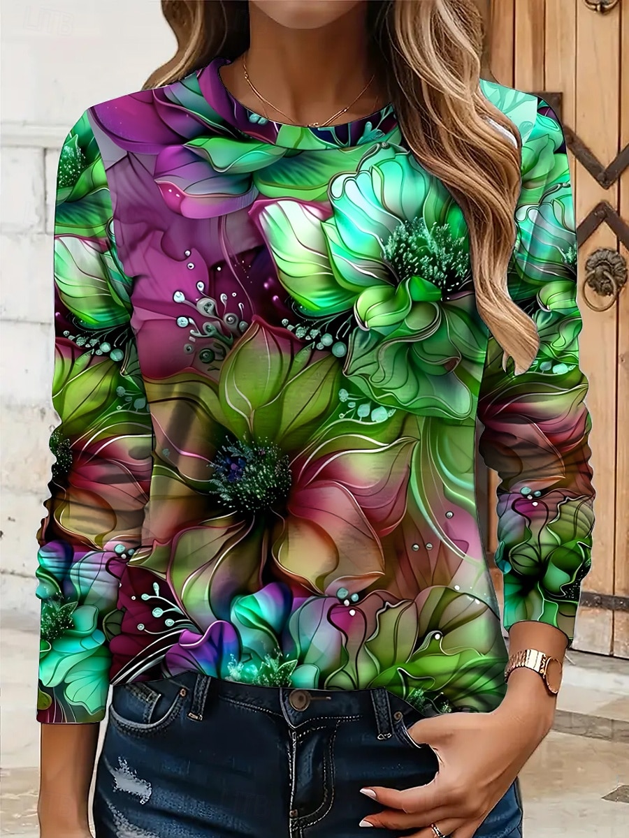 Per donna Maglietta Floreale Grafico Piante Vintage Elegante Classico Manica Lunga Girocollo Top Regolari Quotidiano Stampato Giallo Rosso Blu Viola Verde Estate Primavera Autunno del 2025 a $22.99 –P5