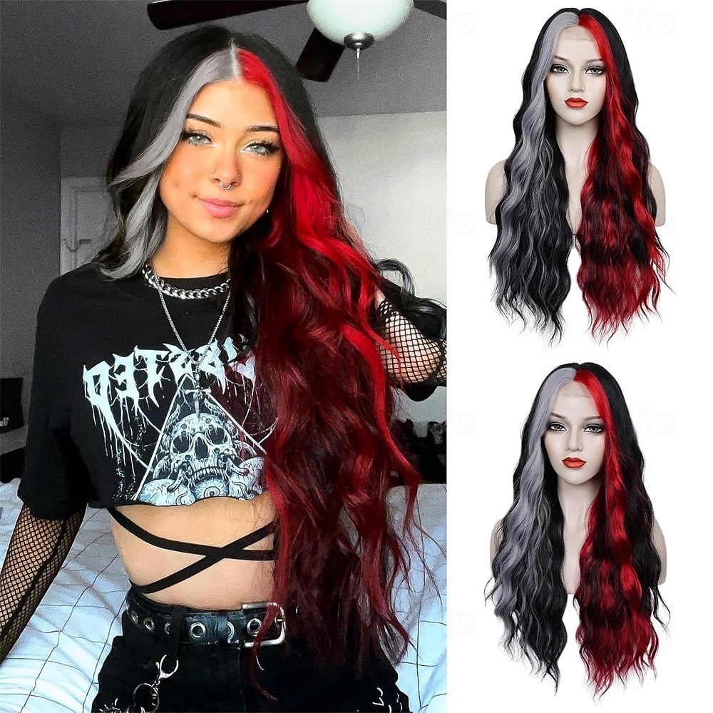 Perruque noire rouge grise de 28 pouces de long, perruques ondulées noires rouges pour femmes, perruques de remplacement de cheveux synthétiques, perruque en fibre résistante à la chaleur pour de 2025 ? $26.99 –P1