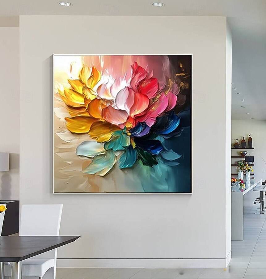 Pintura a óleo artesanal multicolorida com flores, pintada à mão, pétalas vibrantes em gradiente, pinceladas texturizadas empastadas, emolduradas em madeira natural, casa eclética moderna com detalhes de 2025 por $150.99 –P2