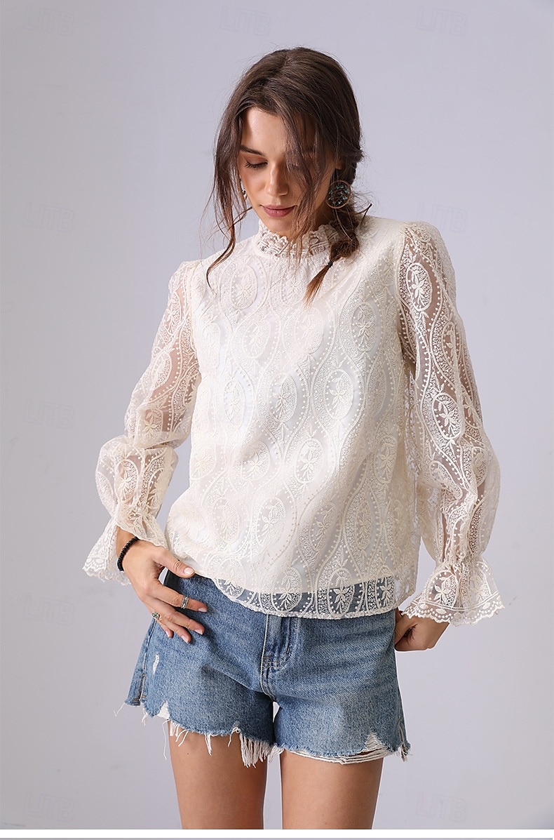 Damen Spitzenbluse Einfarbig Elegant Bohemien Vintage Langarm Hoher Ausschnitt Normale Oberteile Party-Abendmode Ausgehen Strandbekleidung Bestickt Schwarz Weiß Aprikose Frühling, Herbst, Winter 2025 - $49.99 –P7