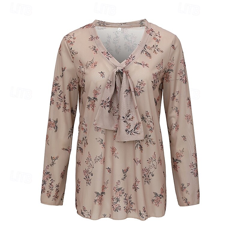 Femmes Chemisier occidental Chemisier Hauts en mousseline de soie Fleuri Bohème ancien Boho manche longue Col en V Hauts Réguliers Quotidien Fête À lacets Imprimé Kaki Été de 2025 ? $26.99 –P4