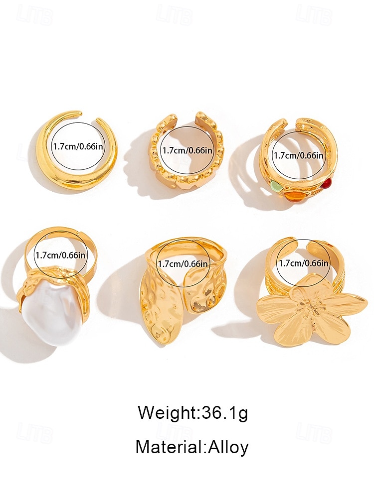 6-delige vintage gouden damesringset met parel-, bloemen- en edelsteenaccenten – modieuze legeringsringen voor feestjes en dagelijks gebruik 2026 - $7.99 –P8