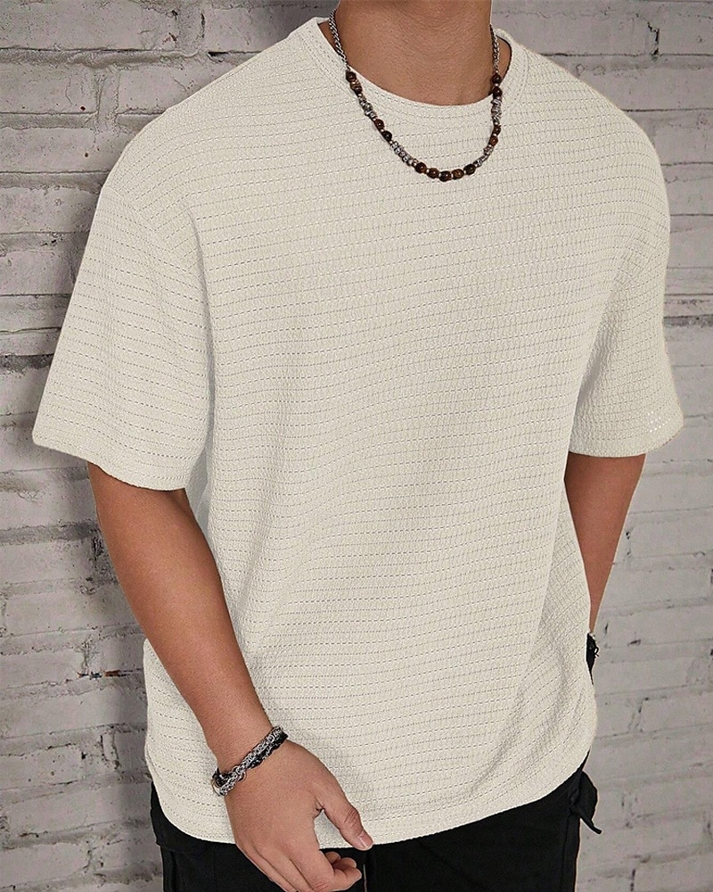 Homme T-shirt Chemise à manches courtes Manche Courte Col ras du cou Été Uni Mode Designer Basique Jacquard Vacances Rue Sortir Noir Blanche Kaki T-shirt haut de gamme pour homme de 2025 ? $14.49 –P2