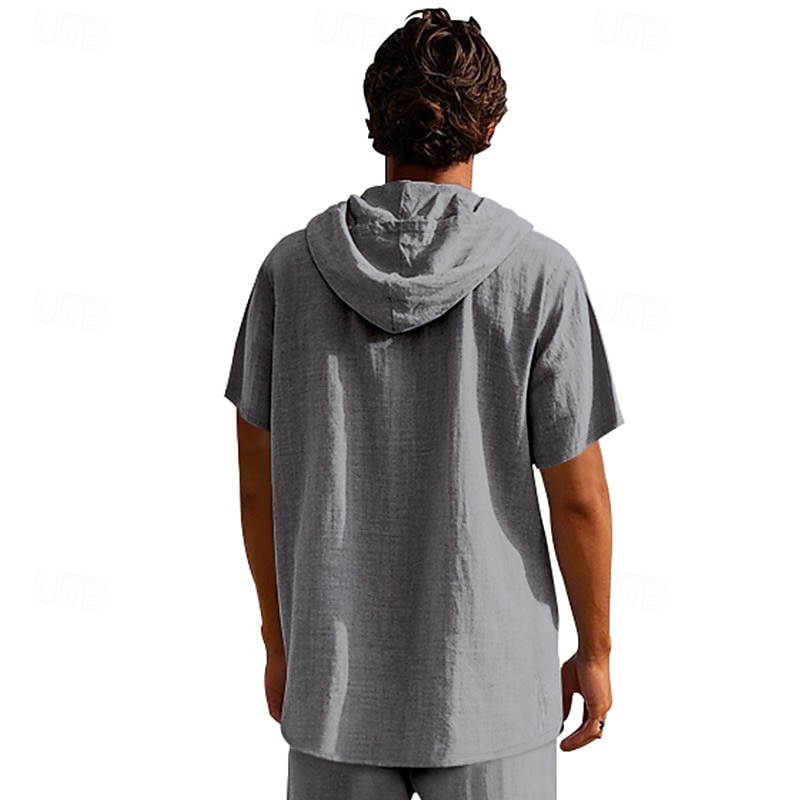 Men's Shirt Linen Shirt Popover Shirt Casual Shirt Cotton Shirt Plain Vacation Street Black White Navy Blue Brown Short Sleeve Hooded Summer Clothing Apparel Lace up 2025 - $22.99 –P16