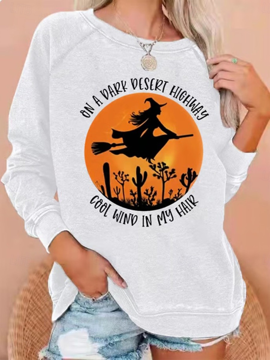Dame Genser med genser Grafisk Halloween Mote Fritid Langermet Crew-hals Rund hals Vanlige topper Avslappet Trykt mønster Hvit Lysegrønn Vin Blå Lysegrå Høst Vinter 2025 - $24.99 –P6