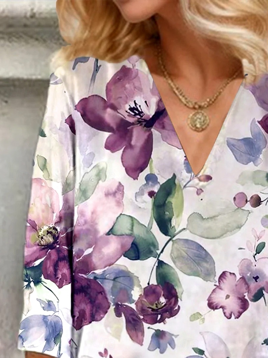 Damenbluse Button-Down Floral Grafik Elegant Stylisch Basic 3/4-Langarm V-Ausschnitt Reguläre Oberteile Täglich Urlaub Ausgehen Druck Weinrot Lila Grün Sommer Frühling 2025 - $25.99 –P2
