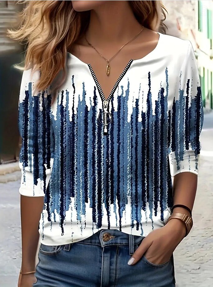 Femmes T-shirt Graphique Géométrique Abstrait ancien Mode Moderne manche longue Col en V Hauts Réguliers Quotidien Week-end Fermeture éclair Imprimé Bleu Violet Vert Printemps Automne de 2025 ? $27.99 –P1