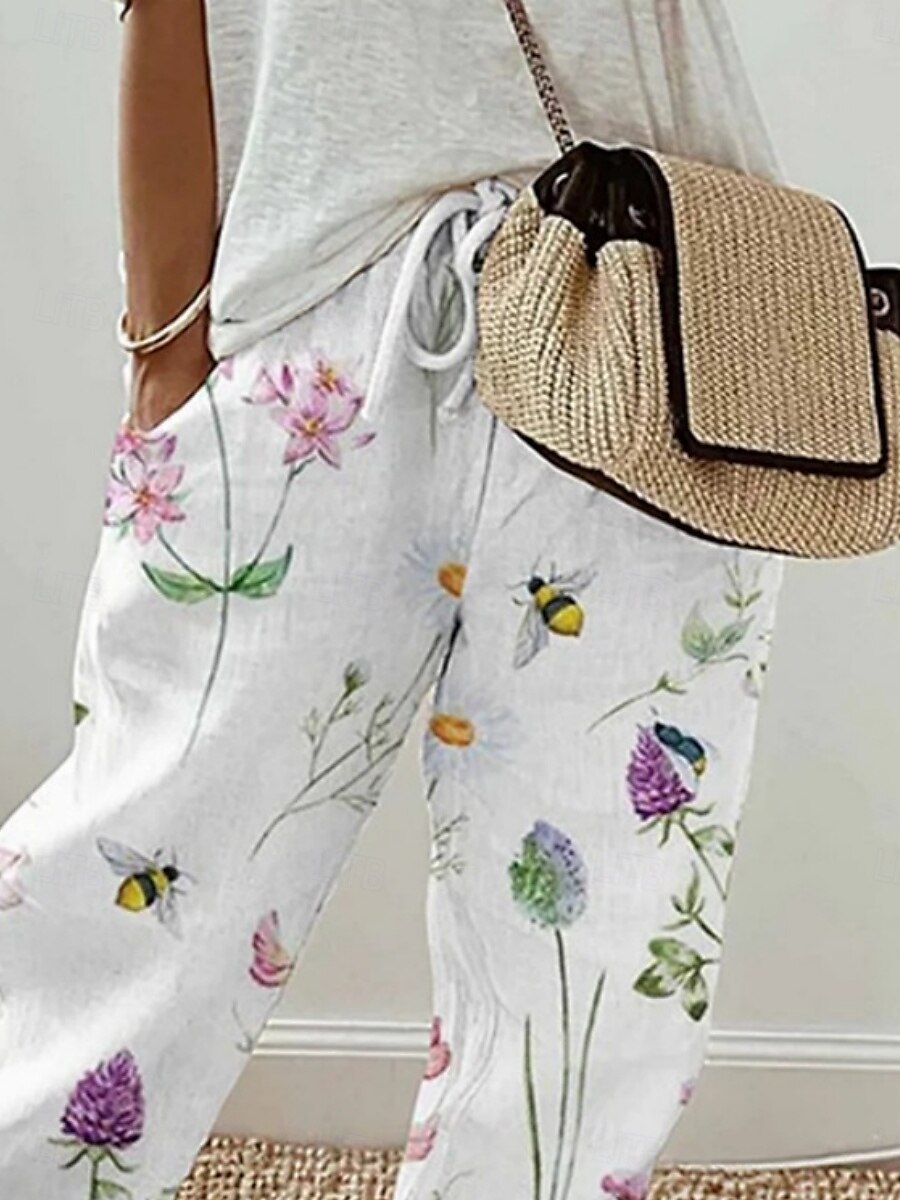 Dames Chinese Broeken Actief Casual / Dagelijks Lang Hoge taille Bloemig Zak Opdrukken Elastisch ontwerp met trekkoord Ademend Zacht Micro-elastisch Vakantie Straat Alledaagse kleding Wit Lente Herfst 2025 - $25.99 –P1