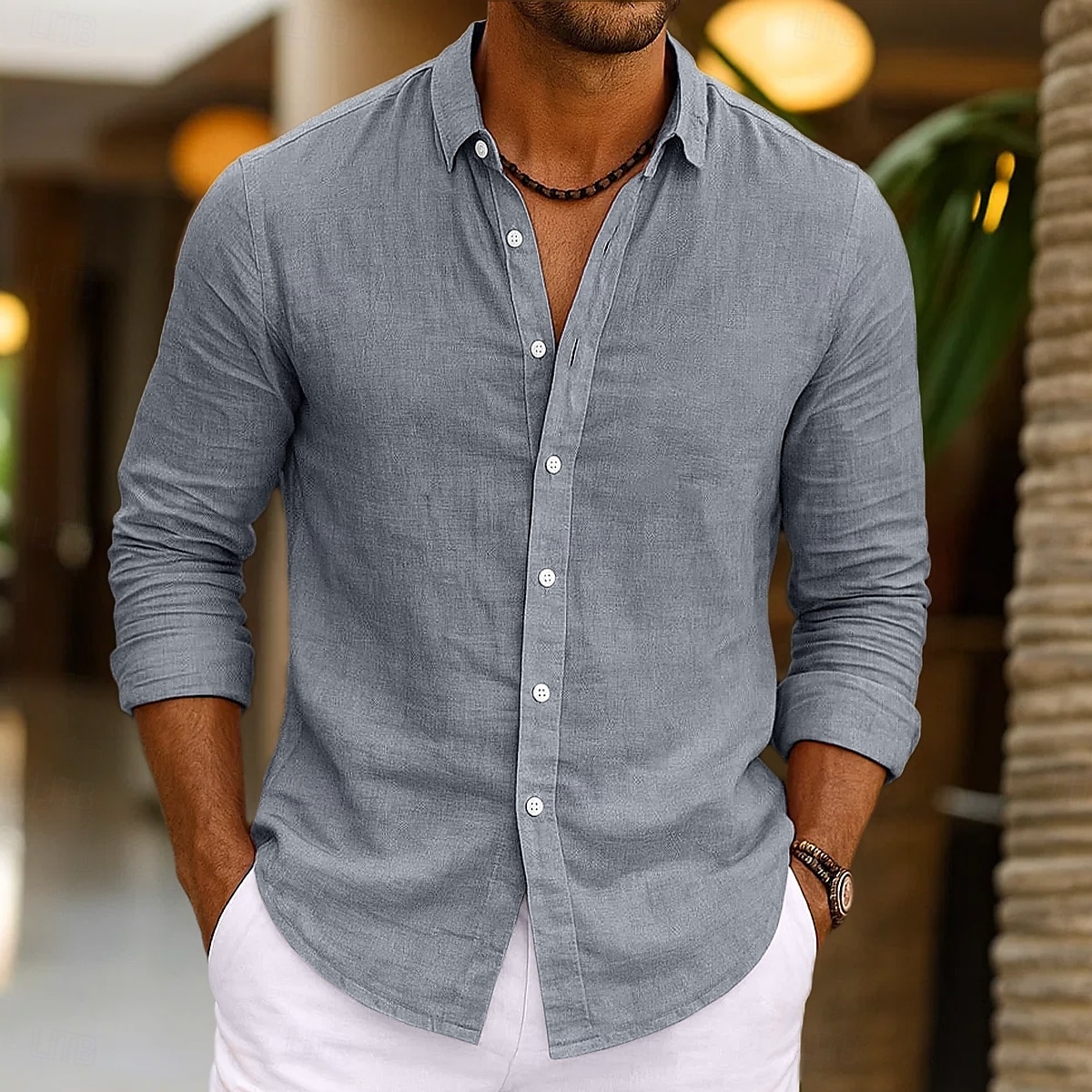 Per uomo Camicia Camicia di lino Camicia Estiva Abbigliamento da spiaggia Camicia con Bottoni Semplice Vacanza Casuale Nero Rosa Blu marino Verde Manica Lunga Collo ripiegato Primavera & Estate del 2025 a $23.99 –P8