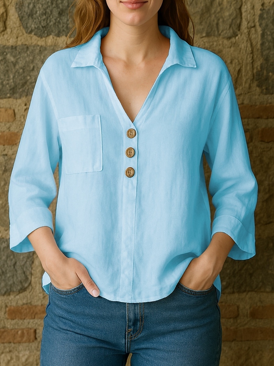 Femmes Chemises en coton et lin Uni Basique Moderne Manche 3/4 Col de chemise Hauts Réguliers Quotidien Avec Poches Boutons Blanche Jaune Rose Claire Bleu Ciel Été Printemps Automne de 2025 ? $17.99 –P3
