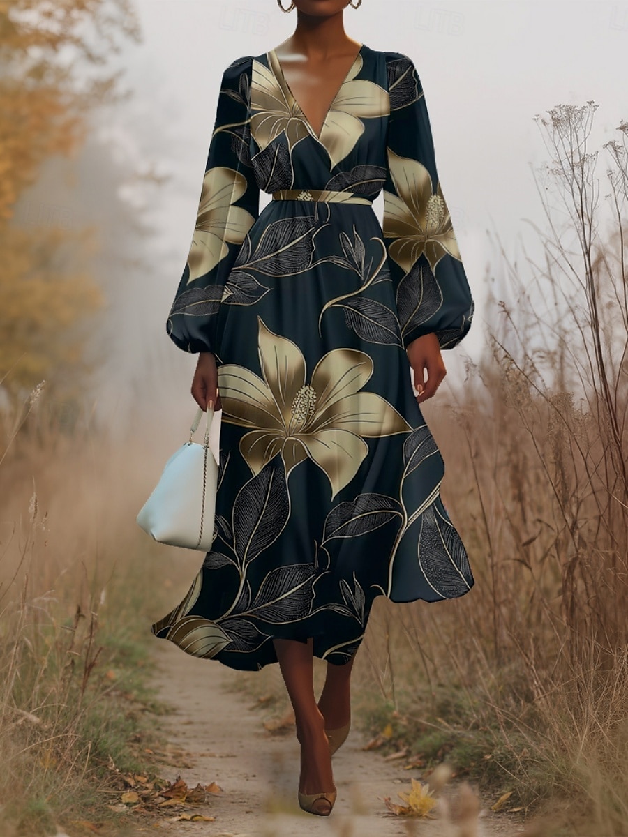 Femmes Robe Midi Robe Décontractée Mousseline de Soie Robe évasée Moderne Vacances Quotidien Week-end Coupe régulière Fleuri manche longue Col en V bleu marine Bleu Bleu de minuit Été Printemps de 2025 ? $31.99 –P5