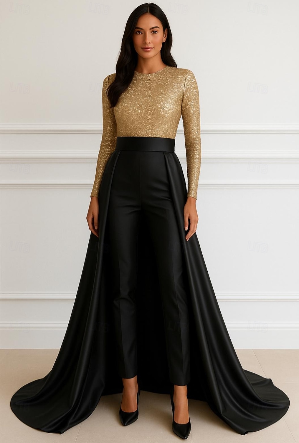 Abito da sera A-Line in oro nero elegante abito formale matrimonio lunghezza al pavimento maniche lunghe scollo a girocollo madre della sposa in satin elasticizzato con paillettes glitter del 2025 a $154.99 –P1