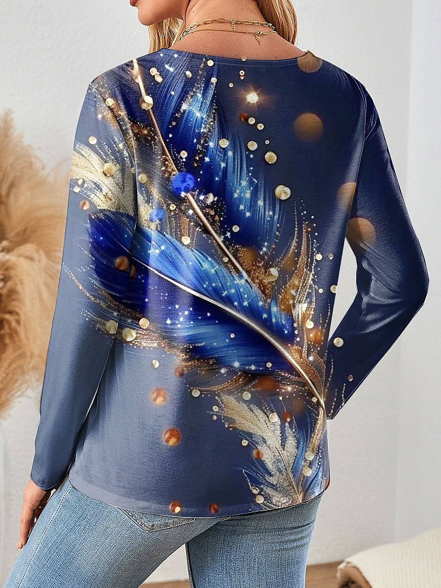 Femmes T-shirt Graphique Plume ancien Élégant Occasionnel manche longue Col en V Hauts Réguliers Quotidien Imprimé Bleu Violet Vert Printemps Automne de 2025 ? $22.99 –P2