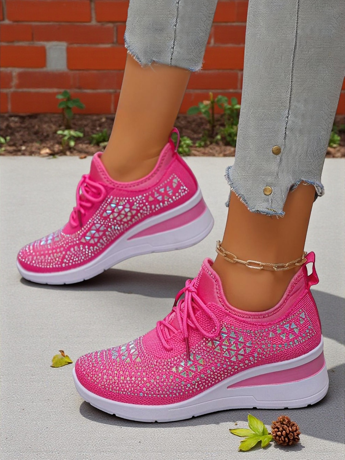 Baskets compensées Flyknit roses pour femmes avec détails en strass – Chaussures de sport légères et respirantes pour une tenue décontractée et la marche de 2025 ? $29.99 –P7
