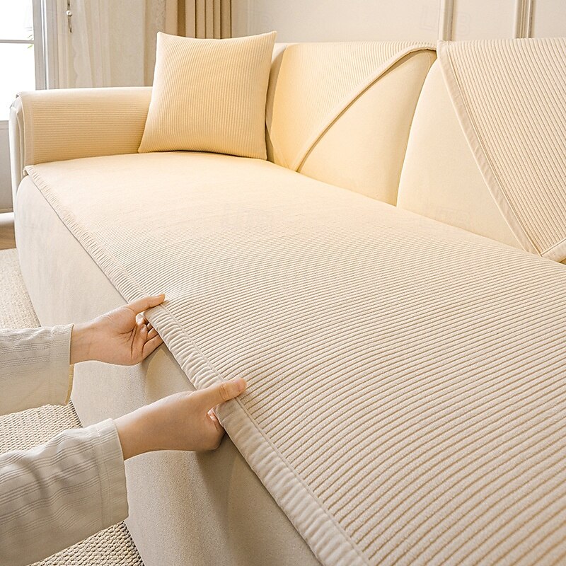 Husă de canapea modernă din fleece, cu dungi verticale, crem, pentru toate anotimpurile 2025 - $11.49 –P2