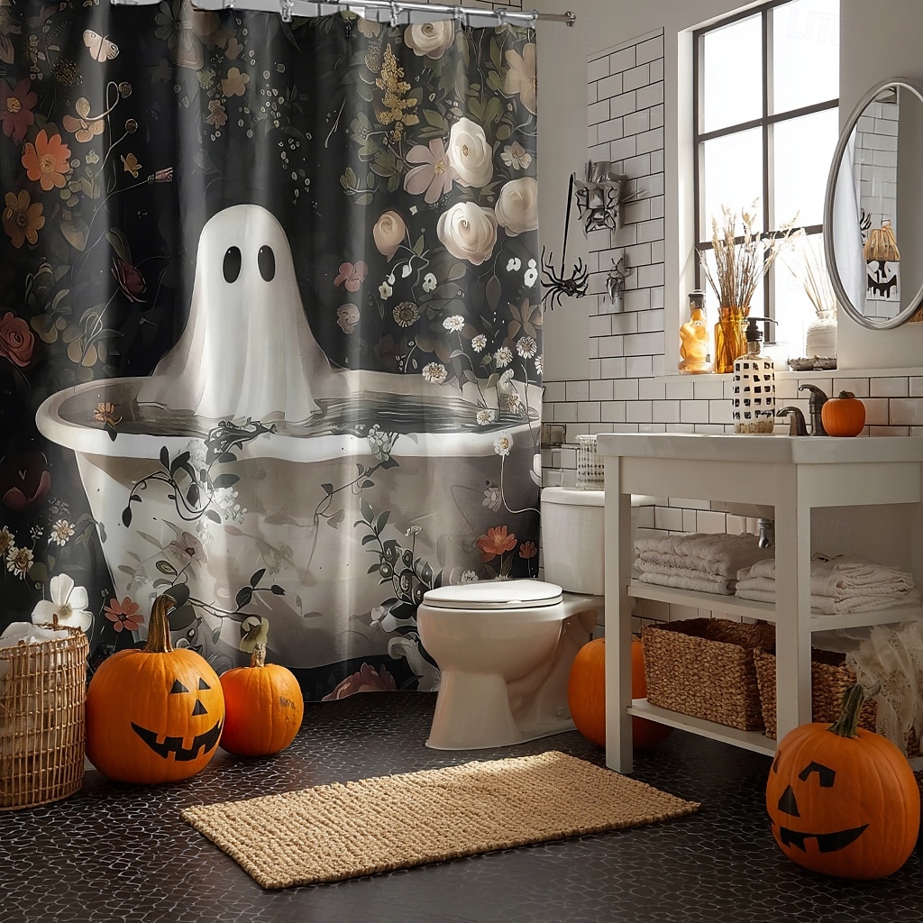 Halloweenský sprchový závěs s háčky, polyesterový, pratelný, voděodolný, vzorovaný, koupelnová vana, dekorace 2025 - $21.99 –P3