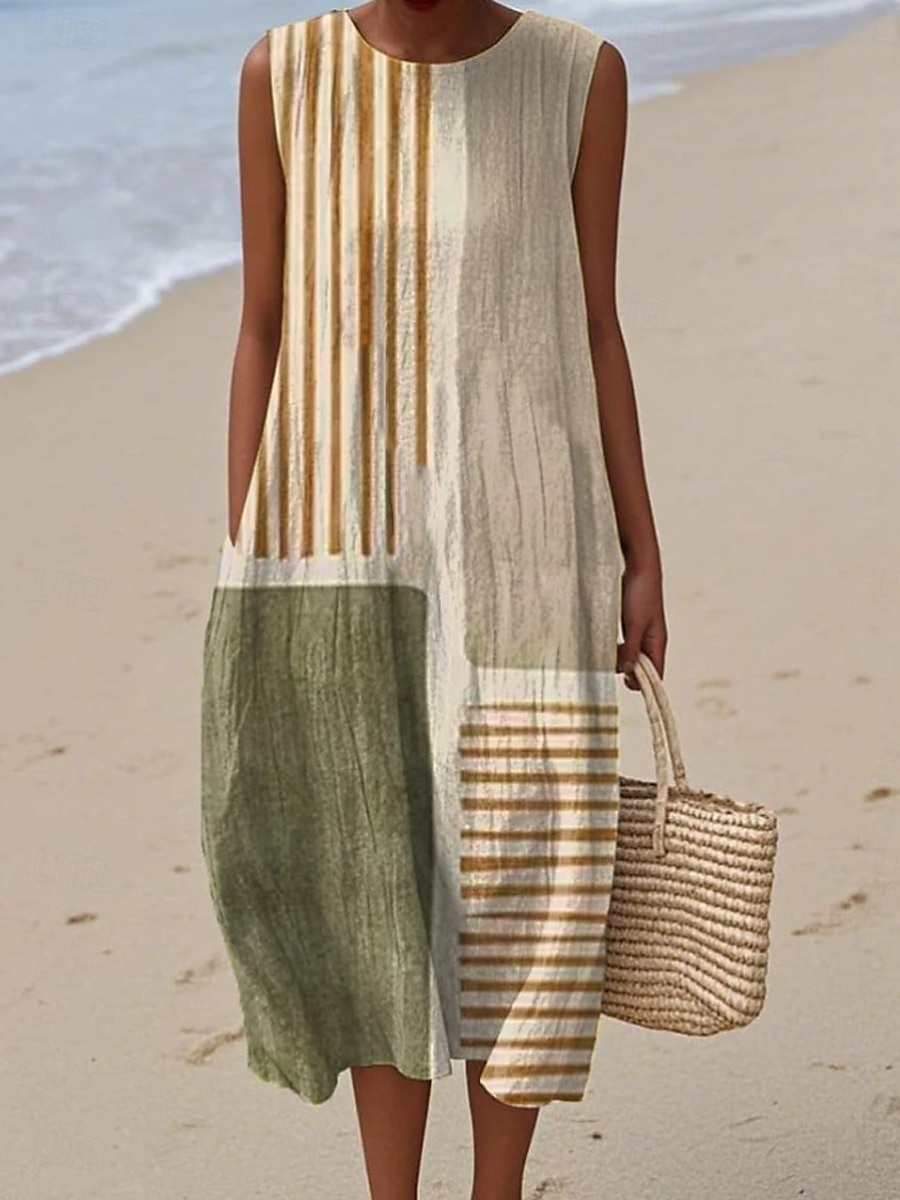 Damen Midi Kleid Leinenähnliches Maxikleid Urlaub Casual Boho Ausgehen Floral Grafik Ärmellos Rundhals Weiß Blau Orange Grün Sommer Frühling 2026 - $39.99 –P3