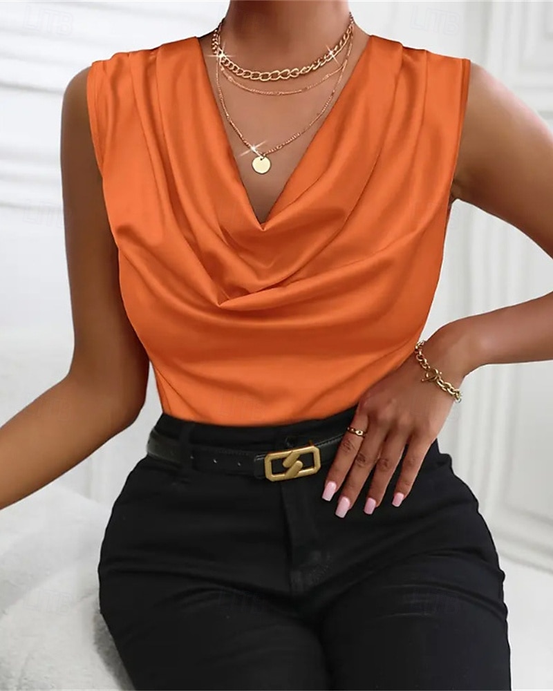 גופייה לנשים סאטן חלקה אופנתי מודרני ללא שרוולים צווארון מרופד רגיל חולצות יומיומי ליציאה סוף שבוע שחור כתום חאקי קיץ 2025 - $25.99 –P7