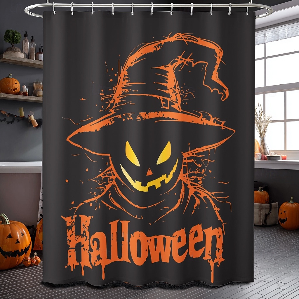 Halloweenský sprchový závěs s háčky, polyesterový, pratelný, voděodolný, vzorovaný, koupelnová vana, dekorace 2025 - $21.99 –P36